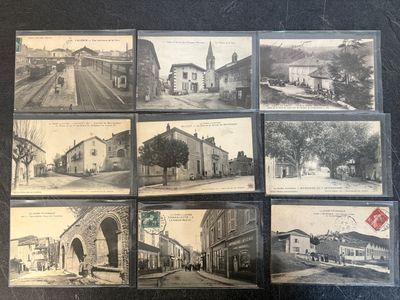 several old black and white photographs of a town with buildings