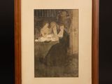 une vieille photo représentant une femme assise à une table avec deux enfants