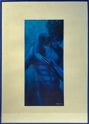 tableau représentant un homme et une femme enlacés, dans un cadre bleu