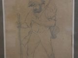 drawing of a man with a sword and a dog in his arms