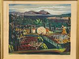an image of a painting of a farm scene with a mountain in the background