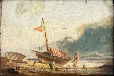 un tableau représentant un bateau sur la plage, avec des personnes sur le rivage
