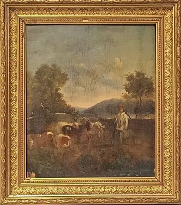tableau représentant un homme avec du bétail dans un champ, près d'un arbre