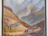 an old poster of a mountain scene with a train on the tracks