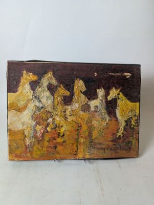 a painting of a group of horses running on a field