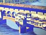 a painting of a bridge over a river with buildings in the background