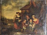 an old painting of a group of people outside a house