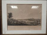 an old picture of a view of a river with a bridge in the background