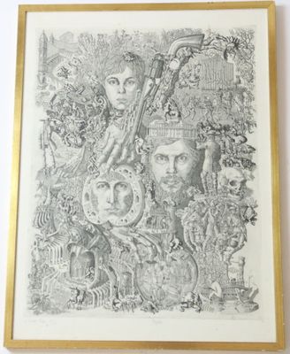 un dessin en noir et blanc représentant un groupe de personnes dans une forêt