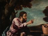 an image of a painting of a man sitting on a ledge