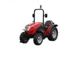 le tracteur est rouge et noir et est équipé d'un phare