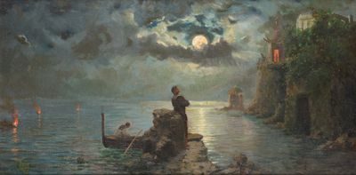 une image représentant un tableau où l'on voit un homme debout sur un rocher au bord d'un plan d'eau