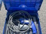 a blue tool box with a hose in it
