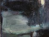 an oil painting of a black and white boat in a body of water