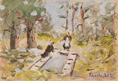 un tableau représentant deux personnes assises sur un banc dans les bois