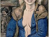 drawing of a woman in a blue shirt and brown jacket