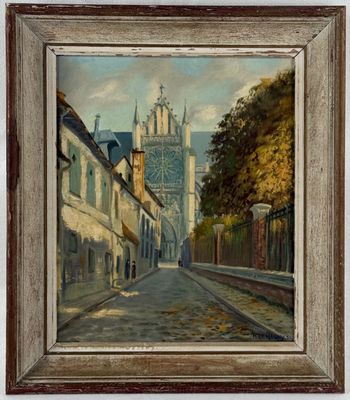 an oil painting of a street scene with a church in the background