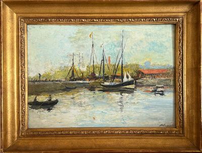 une peinture à l'huile représentant des bateaux dans un port par une journée ensoleillée