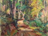 une peinture représentant un chemin de terre dans les bois, bordé d'arbres