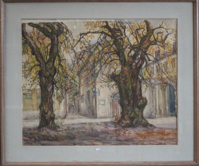 painting of two trees in front of a building in a frame