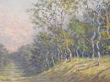 a painting of a dirt road with trees in the background