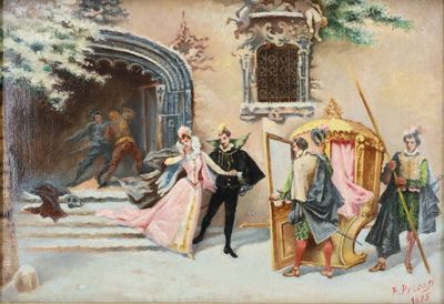 painting of a man and woman standing in front of a castle door