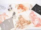 many drawings of a woman sitting on a table