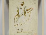 drawing of a woman in a white dress holding a fan