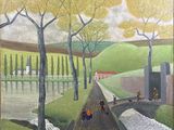a painting of people walking down a path in the park