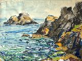 une peinture représentant une peinture d'une côte rocheuse