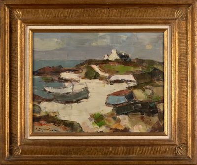 an oil painting of boats on a beach with a lighthouse in the background
