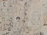 many drawings of people and animals on a piece of paper