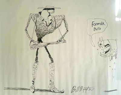 un dessin représentant un homme tenant un couteau et une fourchette