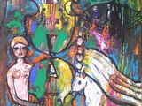 a painting on the wall of a building with a horse and a man