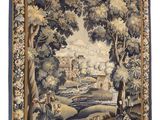 an image of a tapestry with a river and trees in the background