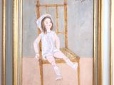 painting of a little girl sitting on a chair in a room
