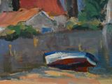 a painting of a boat sitting on the beach