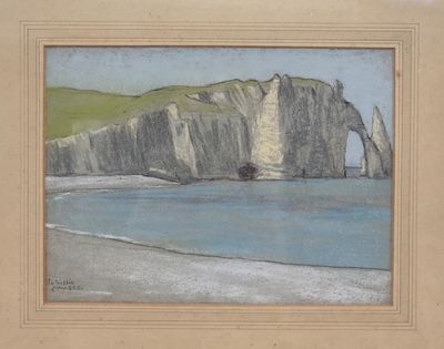 drawing of a painting of a rock formation on a beach