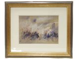 aquarelle encadrée représentant une scène urbaine avec des bâtiments et des personnages