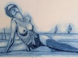 a drawing of a woman sitting on the beach