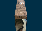 a cardboard box with a picture of a man holding an apple inside of it