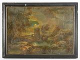 an oil painting of a landscape with a castle in the distance
