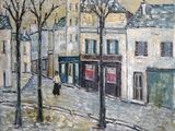 tableau représentant une femme marchant dans une rue d'une ville