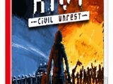 the cover of a video game with an image of a man standing in front of a fire