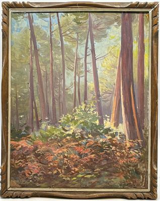 une peinture à l'huile représentant une scène forestière avec des arbres et des feuilles