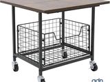 a small table with a basket on top of it on wheels