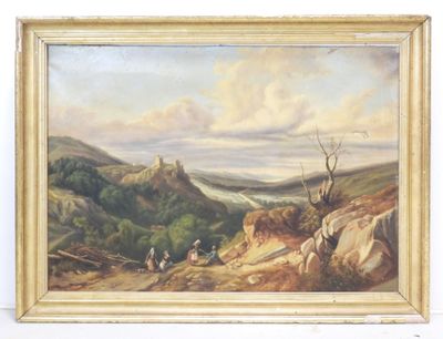 an oil painting of a landscape with a castle in the distance