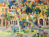 une peinture à l'huile représentant une ville avec, au premier plan, une fontaine et des arbres