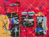une peinture abstraite composée de rouge, de jaune et de bleu sur un fond rouge