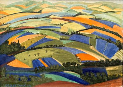 une image représentant un tableau représentant un paysage avec des collines et des arbres